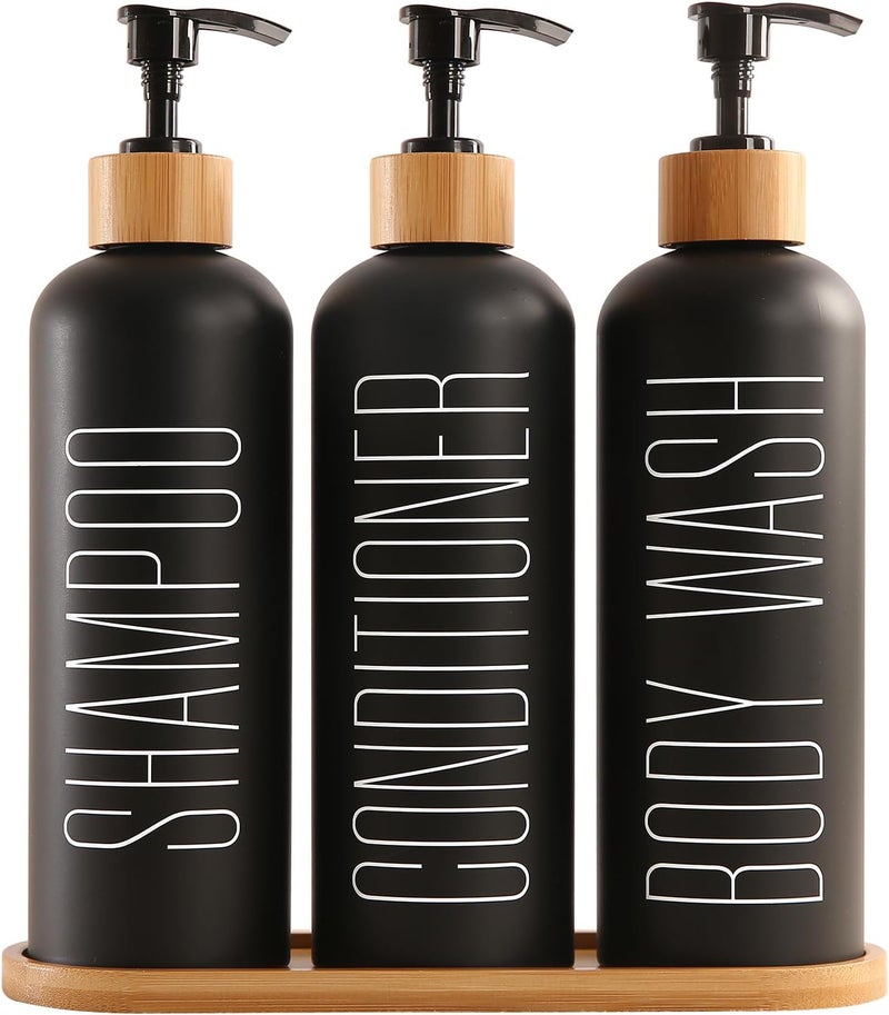Prus Waso Shampoo and Conditioner Dispenser with Bamboo Pumps & Tray, Perfect for Bathroom Essentials for New Home (Black) - Image 1